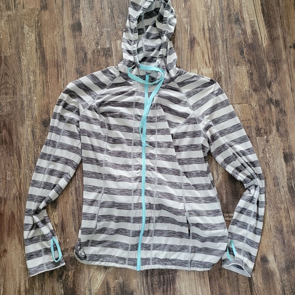 Lukka Grey Striped Full Zip Stretch Active Hoodie Jacket Size XL Thumb Holes